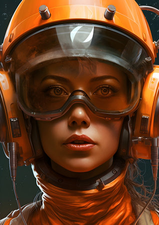 Portrait of an astronaut woman in an orange helmet. 3d illustration, Generative AIの素材