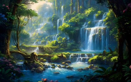 Beautiful waterfall in the forest. Generative AIの素材