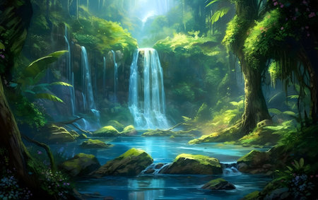 Waterfall in deep forest, Generative AIの素材