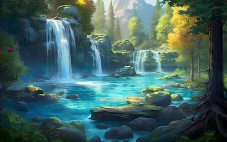 Beautiful waterfall in the forest. Generative AIの素材