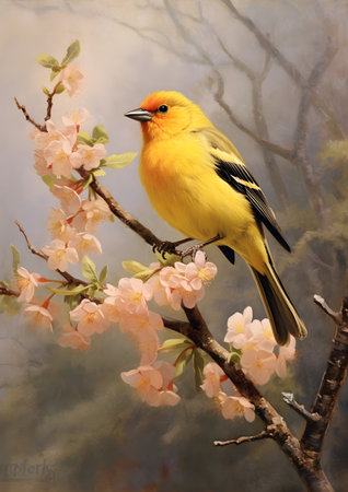 Bird on a branch of a blooming sakura in the spring, Generative AIの素材