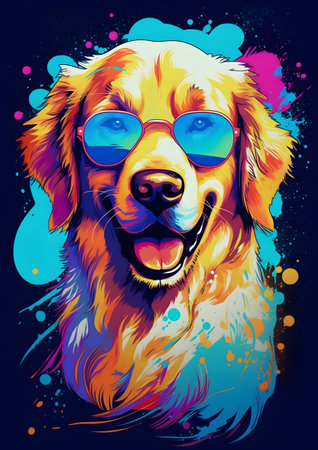 Cute Golden Retriever Dog with sunglasses and colorful background. Generative AIの素材