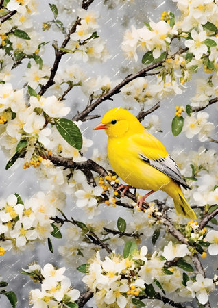 Yellow bird on a branch of a blossoming apple tree, Generative AIの素材