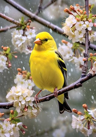 Yellow bird in rain, Generative AIの素材
