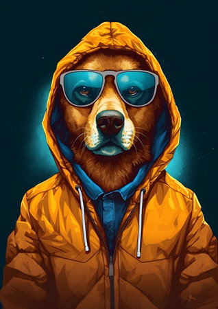 Portrait of a dog in a warm jacket and sunglasses on a dark background. Generative AIの素材