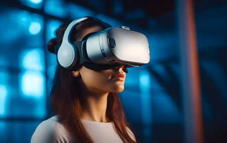 Young woman wearing virtual reality goggles. Future technology and entertainment concept. Generative AIの素材