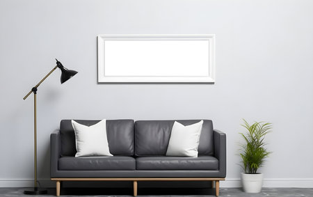 Interior of living room with black sofa, lamp and plant. Mock up, 3D illustration, Generative AIの素材