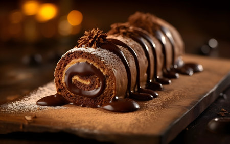 Chocolate roll cake on a dark background. Generative AIの素材