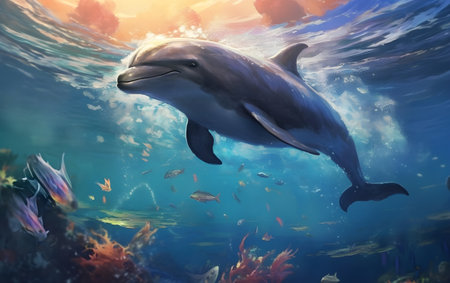 Dolphin swimming in the sea. 3d illustration, underwater world. Generative AIの素材