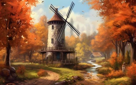Autumn landscape with windmill and river. Generative AIの素材