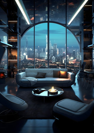 Luxury living room interior with a panoramic window overlooking the city, Generative AIの素材