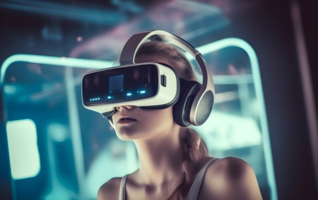 Young woman wearing virtual reality goggles. Future technology concept. 3D illustration, Generative AIの素材