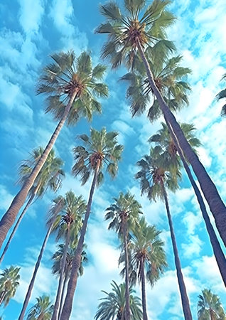 Palm trees on a background of blue sky. 3d illustration, Generative AIの素材