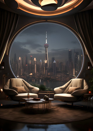 Interior of a modern living room with a view of the city, Generative AIの素材
