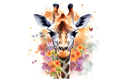 Watercolor painting of giraffe with flowers and butterflies on white background, Generative AIの素材
