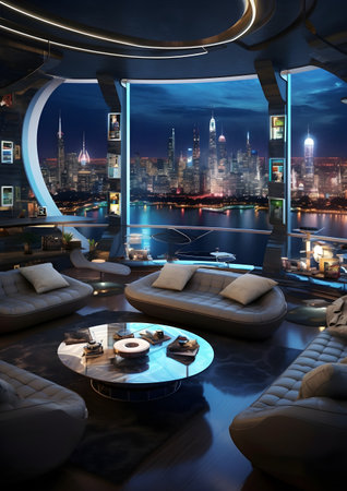 Luxury living room with panoramic view of the city, Generative AIの素材