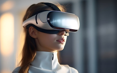 Young woman wearing virtual reality goggles. Future technology concept. 3D illustration, Generative AIの素材