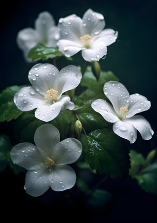Beautiful white flowers with water drops on a dark background. Toned. Generative AIの素材