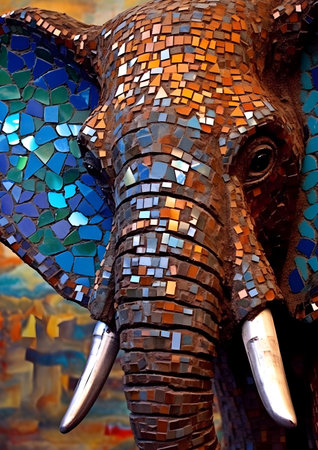 Detail of the head of an elephant made of mosaic tiles. Generative AIの素材