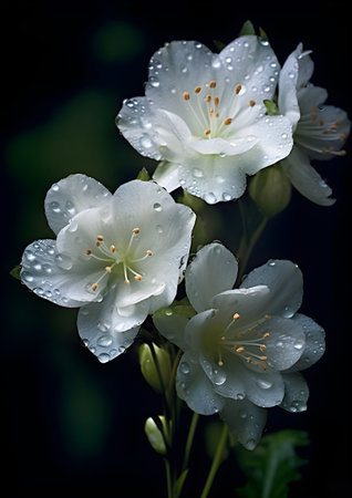 White jasmine flowers with water drops on petals on dark background, Generative AIの素材