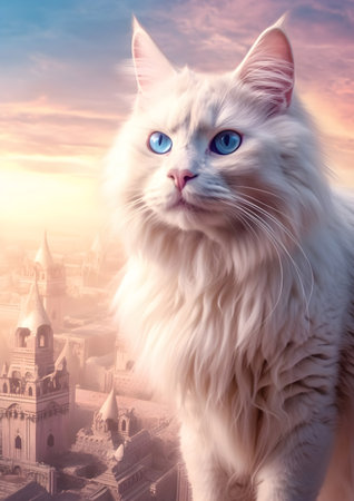 White cat with blue eyes on the background of the ancient city. Generative AIの素材