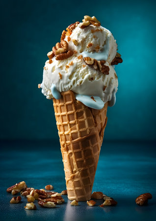 Ice cream with caramel and nuts in a waffle cone on a blue background, Generative AIの素材