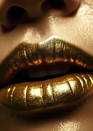 Close-up portrait of beautiful female lips with golden glitter makeup, Generative AIの素材