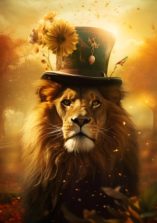 Lion in a top hat in the forest with sunflowers, Generative AIの素材