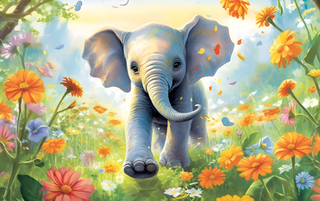An elephant in a meadow full of flowers. Generative AIの素材