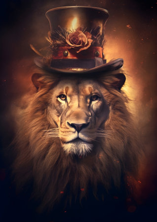 Lion in the hat of a magician. Fantasy and fairy tale. Generative AIの素材