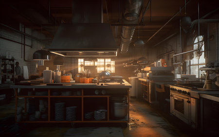 3D illustration of a restaurant kitchen, Generative AIの素材