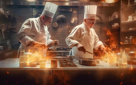 Chef cooking in restaurant kitchen. Professional chef in uniform and hat cooking food in restaurant kitchen. Generative AIの素材
