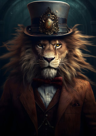 Portrait of a lion in a top hat and bow tie. Generative AIの素材