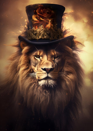 Portrait of a lion in a top hat with a bow tie, Generative AIの素材