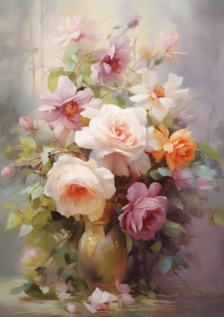Bouquet of roses in a vase on a gray background, Generative AIの素材