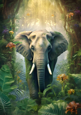 Elephant in jungle with sunbeams and flowers. Generative AIの素材