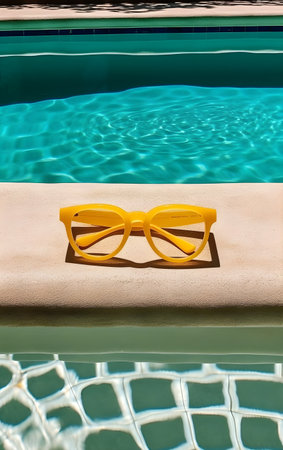 Yellow sunglasses on the edge of a swimming pool in a sunny day, Generative AIの素材