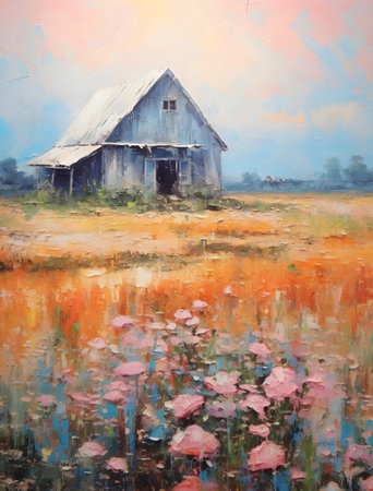 Oil painting of an old house in the field with pink flowers. Generative AIの素材