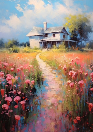 Oil painting of an old abandoned house in the field of poppies, Generative AIの素材