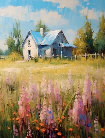 An oil painting of an old abandoned house in a field of flowers. Generative AIの素材
