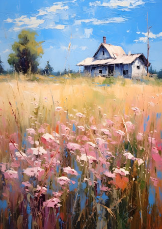 Oil painting of a rural house in a field with pink flowers. Generative AIの素材