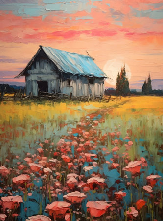 Oil painting of poppy field with old wooden house at sunset. Generative AIの素材