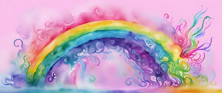 Rainbow with watercolor splashes on a pink background. Watercolor illustration. Generative AIの素材