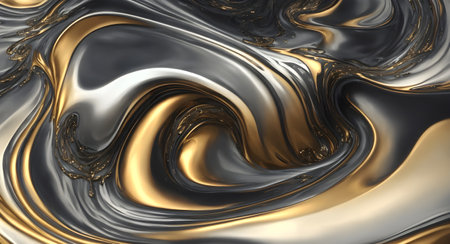 3d illustration of abstract wavy metallic background with gold and black colors, Generative AIの素材