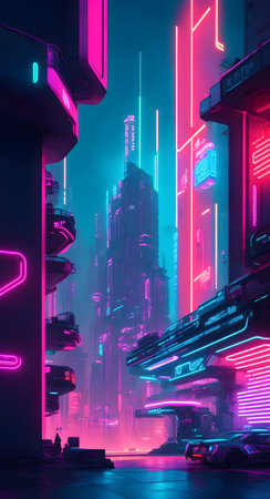 Futuristic city with neon lights. Generative AIの素材