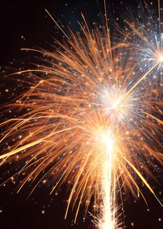 Fireworks in the night sky, many sparks fly in the air, Generative AIの素材