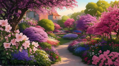 3D illustration of a beautiful spring garden with blooming flowers. Generative AIの素材