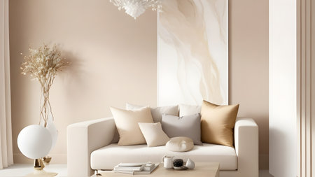 Modern living room with beige walls, sofa and armchair. 3d rendering, Generative AIの素材