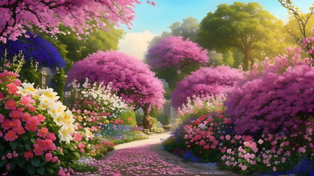 Beautiful blooming flower garden in spring time, 3d illustration, Generative AIの素材
