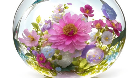Colorful flowers in a glass ball on a white background, Generative AIの素材